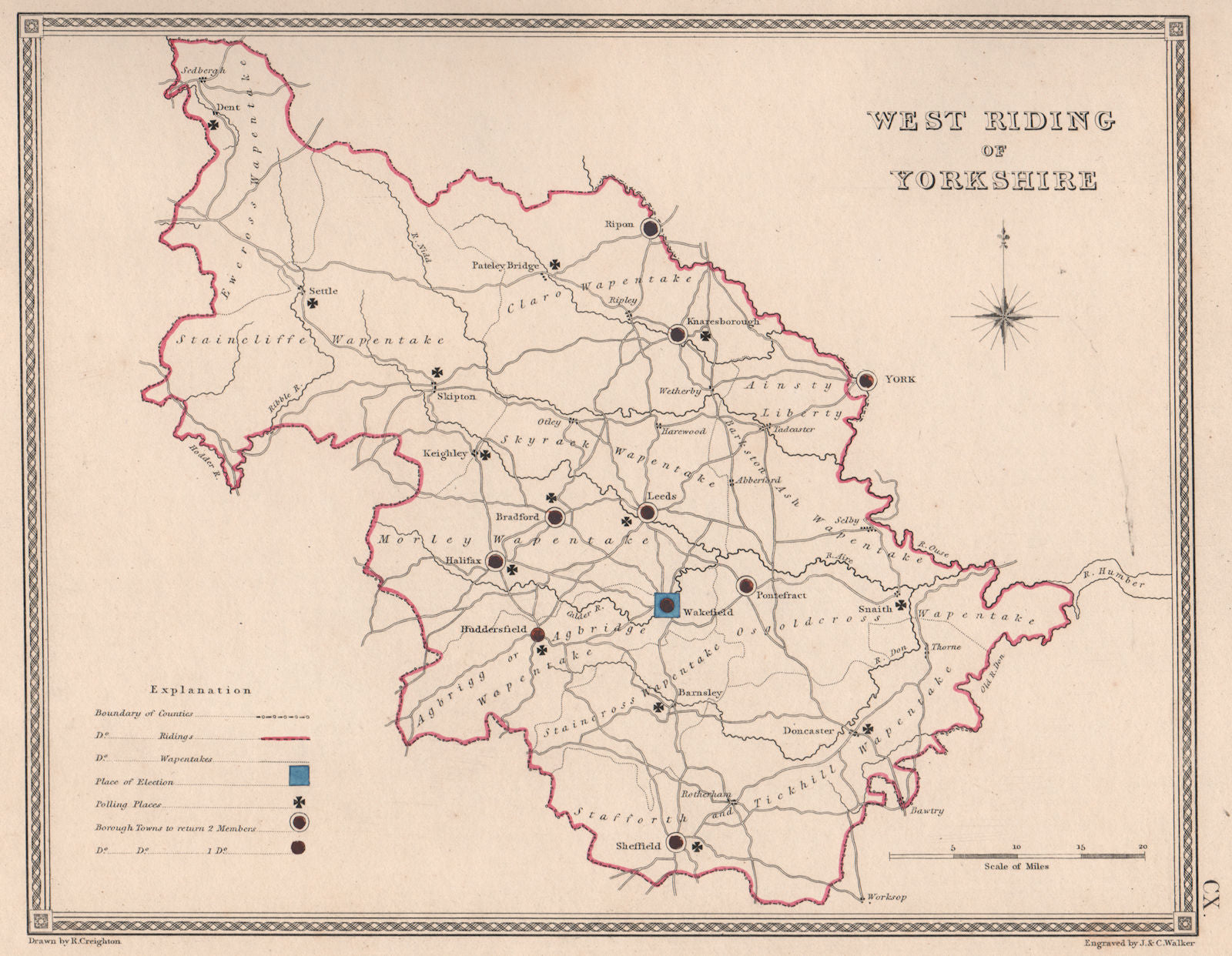 WEST RIDING OF YORKSHIRE antique county map by CREIGHTON/WALKER. Electoral 1835